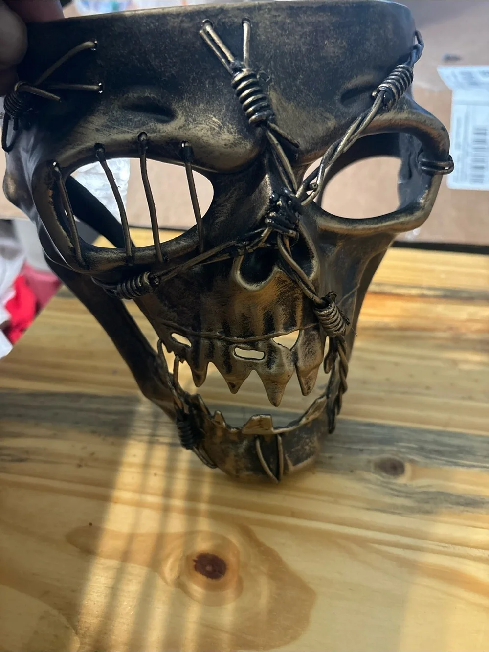 Distressed Metallic Skull Mask with Barbed Wire Detail - Antique Brass